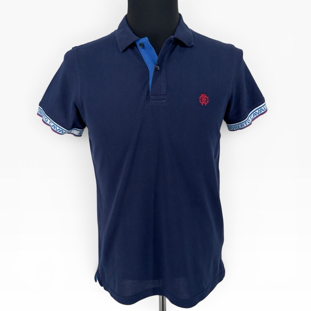 Roberto Cavalli Mens Polo Shirt Size M Navy Blue Logo Branded Sleeve Cuffs